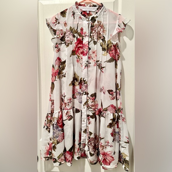 Julia Jordan Flutter Sleeves Pintucked Button Front Whimsical Floral Shift Dress - Picture 2 of 9